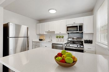 A kitchen with white cabinets and a bowl of fruit on the counte